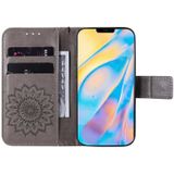 Voor iPhone 12 Geperst afdrukken Zonnebloempatroon Horizontaal Flip PU Lederen Kast Houder &amp; Kaartslots &amp; Wallet &amp; Lanyard(Grijs)