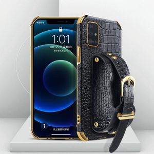 Gegalvaniseerde TPU krokodil patroon lederen geval met polsband voor Samsung Galaxy A51 4G (zwart)
