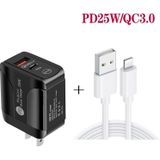 PD25W USB-C / TYPE-C + QC3.0 USB DUBLE PORTS Snelle oplader met USB tot 8 PIN-gegevenskabel  US Plug (White)