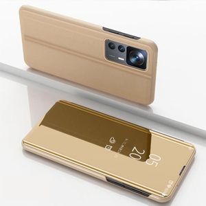 Voor Xiaomi 12T/12T Pro/Redmi K50 Ultra Plated Spiegel Horizontale Flip Lederen Telefoon Case met Houder (Goud)