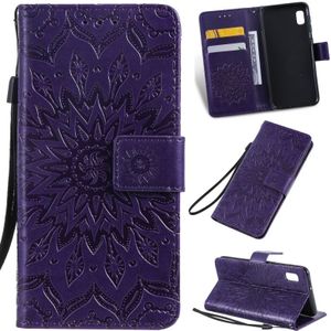 Gedrukt afdrukken zonnebloem patroon horizontale Flip PU lederen case voor Galaxy A10e  met houder &amp; kaartsleuven &amp; portemonnee &amp; Lanyard (paars)