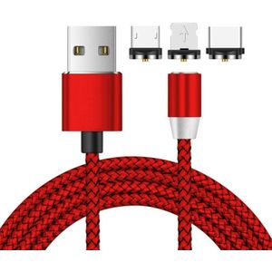 3 in 1 USB naar 8 Pin + Type-C/USB-C + Micro USB Magnetic Metal Interface Nylon Vlechten oplaadkabel  lengte: 1m (Rood)