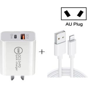 SDC-18W 18W PD 3.0 Type-C / USB-C + QC 3.0 USB Dual Fast Charging Universal Travel Charger met Micro USB naar 8 Pin Fast Charging Data Cable  AU Plug