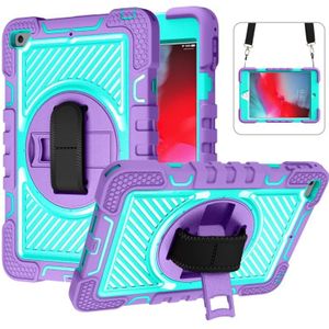 360 graden rotatie contrast kleur shockproof siliconen + pc case met houder &amp; hand grip riem en schouderriem voor iPad mini  / 4 (paars + mint groen)