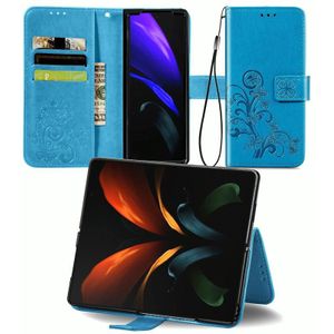 Voor Samsung Galaxy Z Fold2 Vierbladige gesp reliëf gesp mobiele telefoon bescherming lederen case met Lanyard &amp; Card Slot &amp; Wallet &amp; Bracket Functie(Blauw)