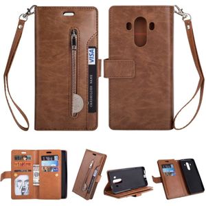 Voor Huawei Mate 10 Pro Multifunctionele Rits Horizontale Flip Lederen Case met Holder &amp; Wallet &amp; 9 Card Slots &amp; Lanyard(Bruin)