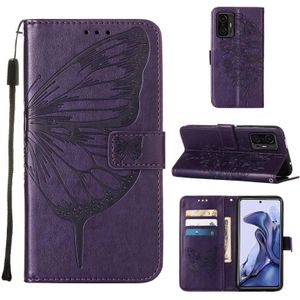 Voor Xiaomi MI 11T 5G / 11T PRO 5G Embossed Butterfly Lederen Telefoonhoesje Met Houder &amp; Card Slot &amp; Portemonnee &amp; Lanyard (Dark Purple)
