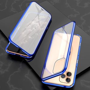 Voor iPhone 11 Pro Max Ultra Slim dubbele zijden magnetische adsorptie hoekige frame gehard glas magneet flip case (blauw)