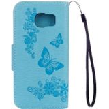 Voor Galaxy S7 Active geperst bloemen vlinder patroon horizontale Flip lederen draagtas met houder &amp; kaartsleuven &amp; portemonnee &amp; Lanyard(Blue)