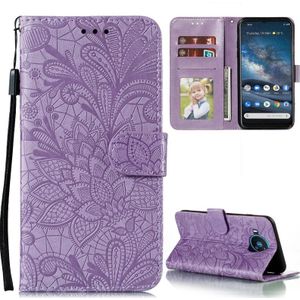 Voor Nokia 8.3 5G Lace Flower Embossing Patroon Horizontale Flip Lederen Case met Houder &amp; Kaart Slots &amp; Portemonnee &amp; Foto Frame (Paars)