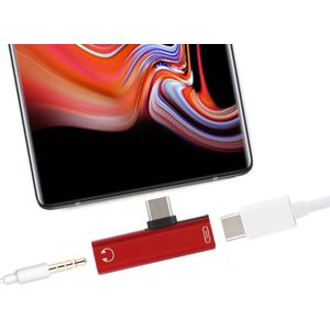 2 in 1 USB-C/type-C male naar USB-C/type-C vrouwelijk 3.5 mm Jack opladen luisteren adapter (rood)