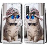 Voor Huawei P30 Lite Coloured Drawing Cross Texture Horizontale Flip PU Lederen case met Holder &amp; Card Slots &amp; Wallet &amp; Lanyard(B20 Slant Hat Blue Mirror Cat)