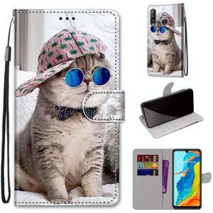 Voor Huawei P30 Lite Coloured Drawing Cross Texture Horizontale Flip PU Lederen case met Holder &amp; Card Slots &amp; Wallet &amp; Lanyard(B20 Slant Hat Blue Mirror Cat)