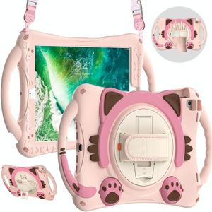 Cute Cat King Kids Shockproof EVA Protective Case with Holder &amp; Shoulder Strap &amp; Handle For iPad 9.7 2018 / 2017 / Air / Air 2 / Pro 9.7(Pink)