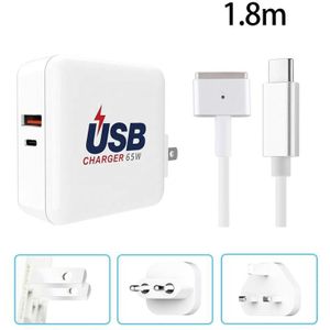 A6 PD 65W USB-C / TYPE-C + QC3.0 USB-laptopadapter + 1.8m USB-C / TYPE-C AAN MAGSAFE 2 / T-gegevenskabel voor MacBook-serie  US Plug + EU-plug + Britse stekker