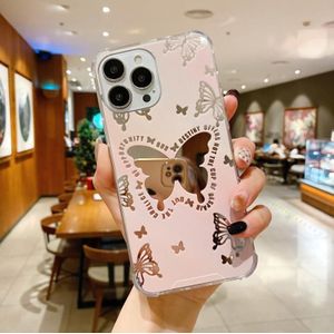Voor iPhone 14 Pro Max Color Painted Mirror Phone Case (roze vlinder)
