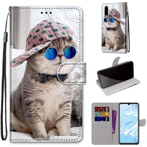 Voor Huawei P30 Coloured Drawing Cross Texture Horizontale Flip PU Lederen kast met Holder &amp; Card Slots &amp; Wallet &amp; Lanyard(B20 Slant Hat Blue Mirror Cat)