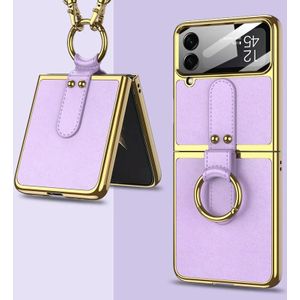 Voor Samsung Galaxy Z Flip4 GKK Plating + lederen telefoonhoes met ring en riem