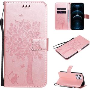 Voor iPhone 12 Pro Max Tree &amp; Cat Reliëf Patroon Horizontaal Flip Lederen Hoesje met Holder &amp; Card Slots &amp; Wallet &amp; Lanyard(Rose Gold)