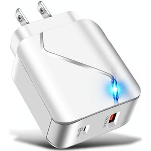 LZ-819A+C QC3.0 USB + PD 18W USB-C / Type-C Interfaces Travel Charger with Indicator Light  US Plug(White)