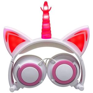 LX-CT888 3.5mm Wired Children Cartoon Glowing Horns Computer Headset  Cable Length: 1.5m(Unicorn Petal Pink White)