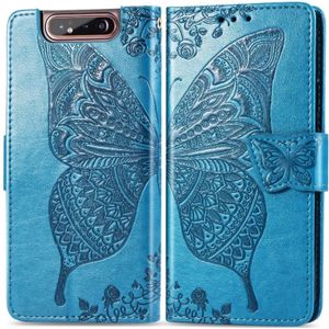 Butterfly Love bloemen reliëf horizontale Flip lederen case voor Galaxy A80/A90  met houder &amp; kaartsleuven &amp; portemonnee &amp; Lanyard (blauw)