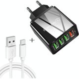2 in 1 USB naar USB-C / Type-C datakabel + 30W QC 3.0 4 USB Interfaces Mobile Phone Tablet PC Universal Quick Charger Travel Charger Set  EU Plug(Black)