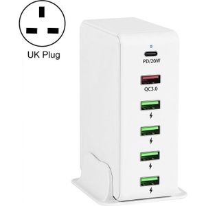 6 in 1 65W PD USB-C / TYPE-C + QC 3.0 USB + 4 USB Multi-Port Travel Charger  UK Plug (White)