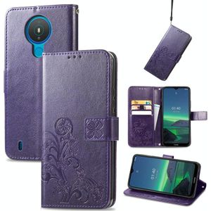 Voor Nokia 1.4 Four-Leaf Sluiting Ingebrilde Gesp Mobiele Telefoon Bescherming Leren Case met Lanyard &amp; Card Slot &amp; Wallet &amp; Bracket-functie (Paars)