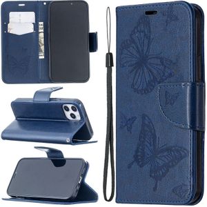 Voor iPhone 12 Pro Max Embossing Two Butterflies Pattern Horizontal Flip PU Leather Case met Holder &amp; Card Slot &amp; Wallet &amp; Lanyard(Blauw)