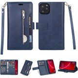 Voor iPhone 11 Multifunctionele Rits Horizontale Flip Lederen case met Holder &amp; Wallet &amp; 9 Card Slots &amp; Lanyard(Blauw)