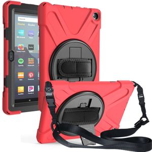 Voor Amazon Kindle Fire HD8 (2020) Shockproof Kleurrijke Siliconen + PC Beschermhoes met Holder &amp; Shoulder Strap &amp; Handband(Rood)