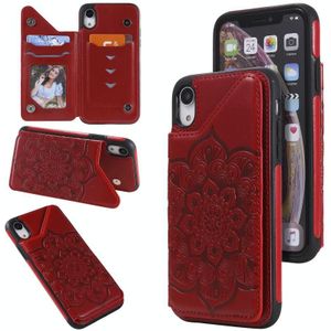 Bloem reliëf patroon schokbestendige beschermhoes met houder &amp; kaart slots &amp; foto frame voor iPhone XR (rood)
