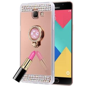 Voor Galaxy A7 (2016) / A710 diamant ingelegde galvaniseren spiegel beschermende Cover Case met verborgen ringhouder (Rose goud)