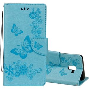 Voor Galaxy A8 PLUS (2018) Vintage reliëf bloemen vlinder patroon horizontale Flip lederen draagtas met kaartslot &amp; houder &amp; portemonnee &amp; Lanyard(Blue)