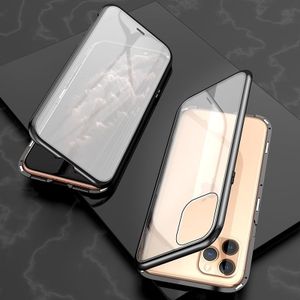 Voor iPhone 11 Pro Max Ultra Slim dubbele zijden magnetische adsorptie hoekig frame gehard glas magneet flip case (zwart)