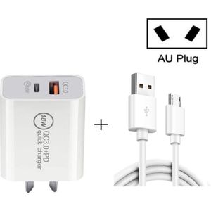 SDC-18W 18W PD + QC 3.0 USB Dual Fast Charging Universal Travel Charger met USB naar Micro USB Fast Charging Data Cable  AU Plug