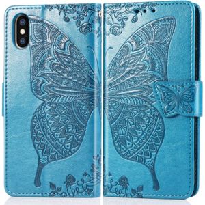 Butterfly Love bloemen reliëf horizontale Flip lederen case voor iPhone XS Max  met houder &amp; kaartsleuven &amp; portemonnee &amp; Lanyard (blauw)