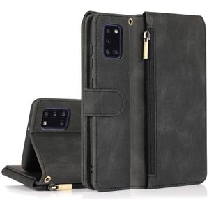 Voor Samsung Galaxy A31 Skin-feel Crazy Horse Texture Zipper Portemonnee Tas Horizontale Flip Lederen Case met Houder &amp; Kaart Slots &amp; Portemonnee &amp; Lanyard (Zwart)