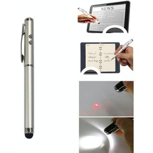 At-16 4 in 1 Mobile Phone Tablet Universal Handwriting Touch Screen Pen met Common Writing Pen &amp; Red Laser &amp; LED Light Function(Zilver)