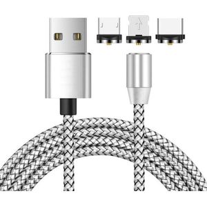3 in 1 USB naar 8 Pin + Type-C/USB-C + Micro USB Magnetic Metal Interface Nylon Vlechten oplaadkabel  lengte: 1m (Zilverachtig)