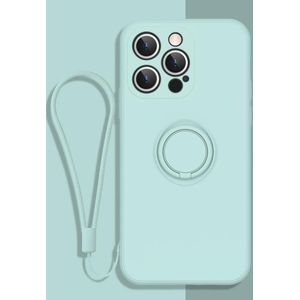 All-inclusive Liquid Silicone Phone Protective Case with Ring Holder &amp; Lanyard For iPhone 13 Pro(Light Cyan)