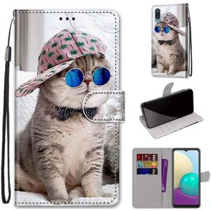 Voor Samsung Galaxy A02 / M02 gekleurde tekening kruis textuur horizontale flip pu lederen hoesje met houder &amp; kaart slots &amp; portemonnee &amp; lanyard (schuine hoed blauwe spiegel kat)