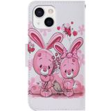 Gekleurd tekenpatroon lederen telefoonhoesje voor iPhone 13 (schattig konijn)