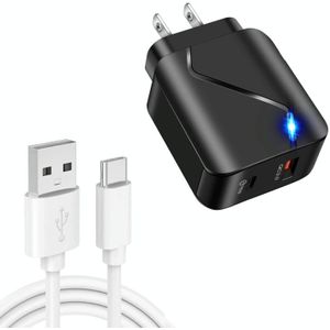 LZ-819A+C 18W QC3.0 USB + PD USB-C / Type-C Interface Travel Charger met Indicator Light + USB naar USB-C / Type-C Snelladen Data Cable Set  US Plug(Black)