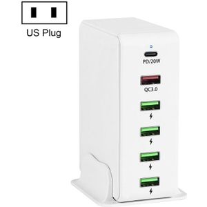 6 in 1 65W PD USB-C / TYPE-C + QC 3.0 USB + 4 USB Multi-Port Travel Charger  US Plug (White)