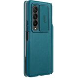 Voor Samsung Galaxy Z Fold4 5G NILLKIN QIN Serie Pro Sliding Camera Cover Design Lederen Telefoon Case (Cyaan)