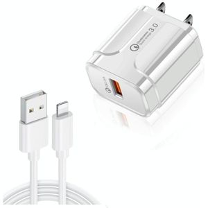 LZ-023 18W QC 3.0 USB Portable Travel Charger + 3A USB naar 8-pins datakabel  Amerikaanse stekker(wit)