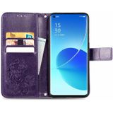 For OPPO Reno6 Pro+ Four-leaf Clasp Embossed Buckle Mobile Phone Protection Leather Case with Lanyard &amp; Card Slot &amp; Wallet &amp; Bracket Function(Purple)