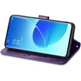 For OPPO Reno6 Pro+ Four-leaf Clasp Embossed Buckle Mobile Phone Protection Leather Case with Lanyard &amp; Card Slot &amp; Wallet &amp; Bracket Function(Purple)